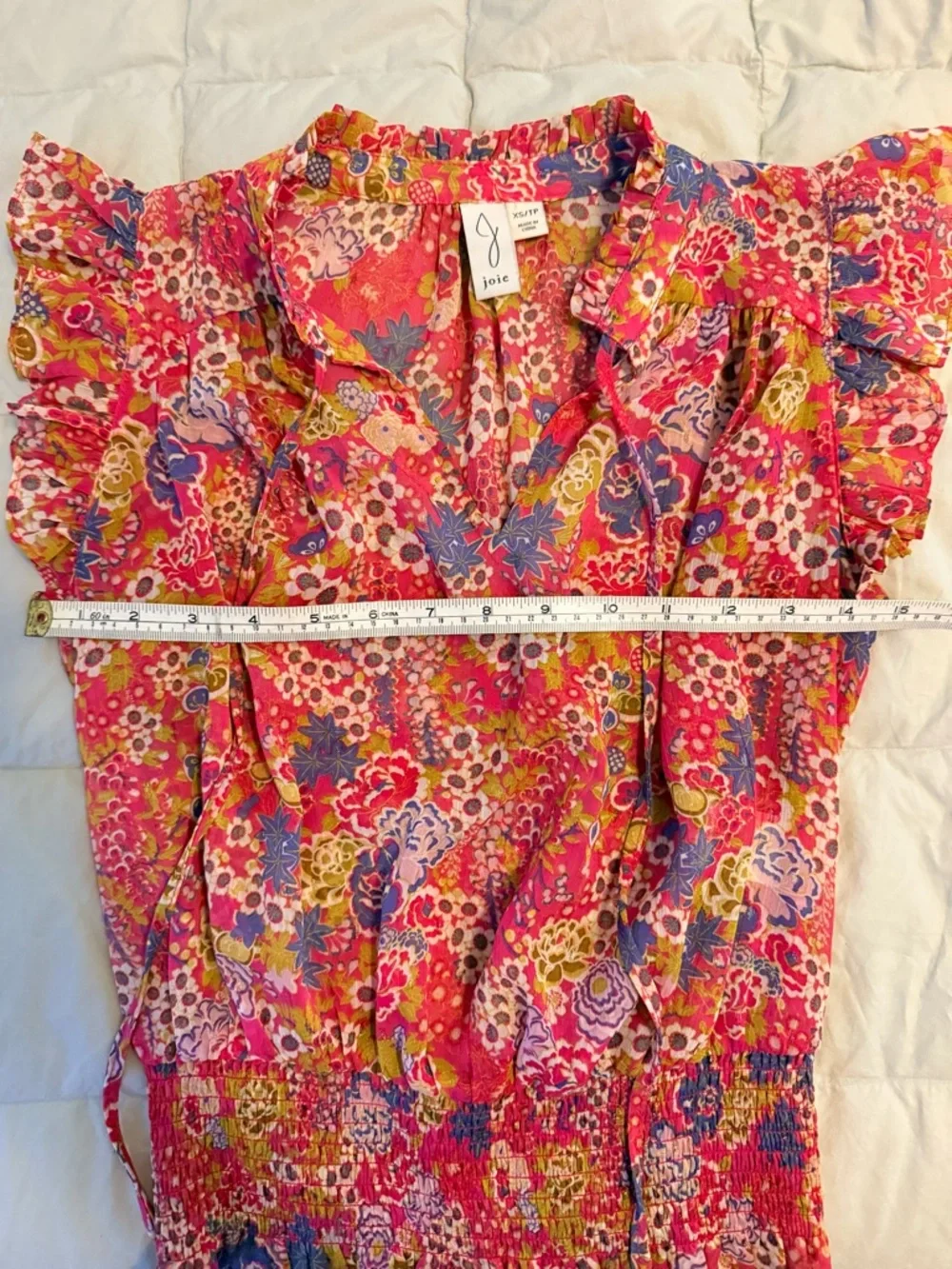 Joie Pink Floral Sheer Ruffle Sleeve Blouse - Smocked Waist - Size XS/TP